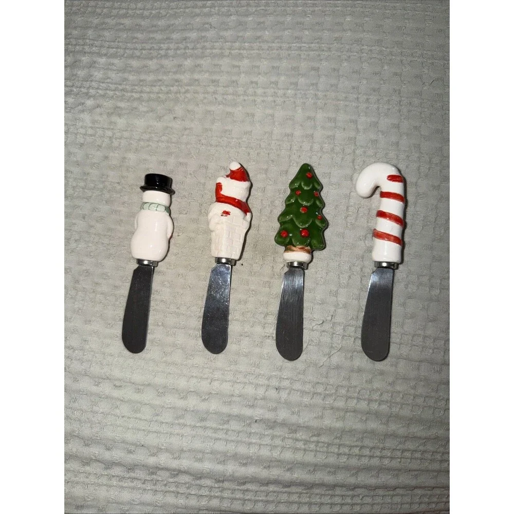 Vintage Christmas Cheese Butter Spreaders Set Of 4 Santa Snowman Candy Cane Tree